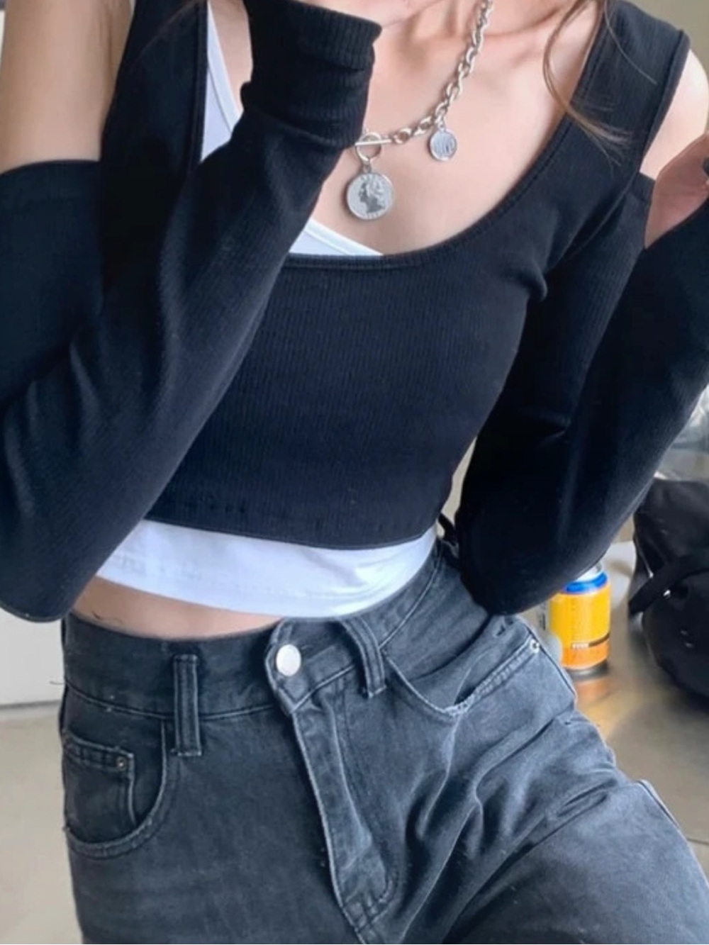 YesStyle Black Ribbed Cold-Shoulder Crop Top